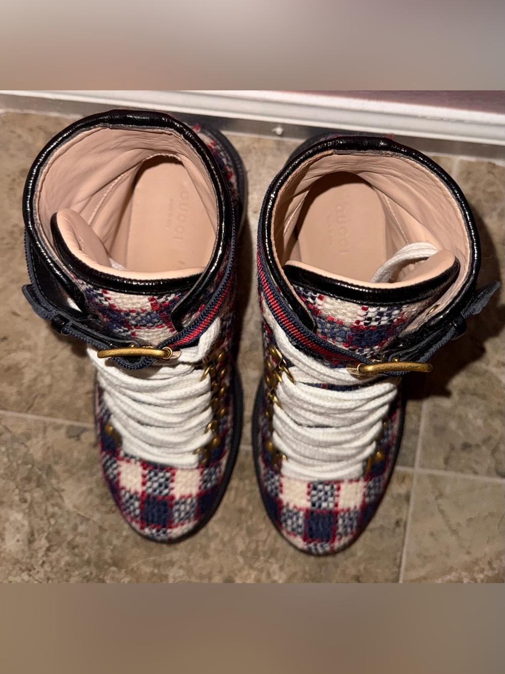 Gucci Sylvie Web Accent Tweed Combat Boots - Picture 5 of 9